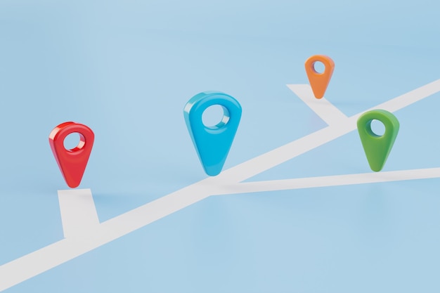the concept of targeted delivery multicolored pins of gps points on road markings 3d render