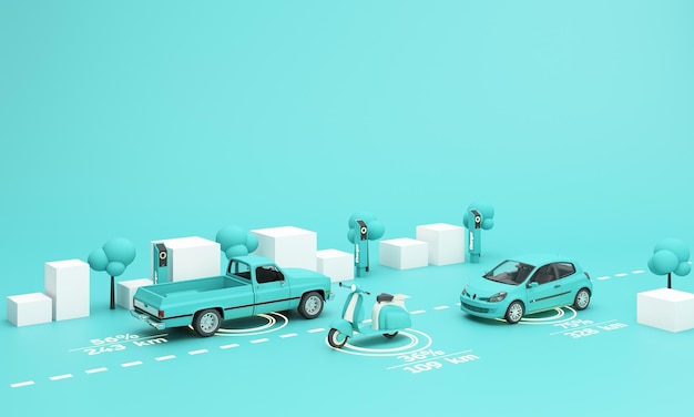 The electric car is refueling through the charger and shows on the phone screen Indicates charging status and has scooter and pickup truck on the side on a green turquoise background 3d rendering