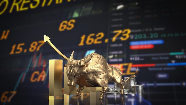 The gold bull on chart background for business concept 3d rendering