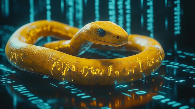 The golden snake is intertwined with binary code symbolizing Python programming