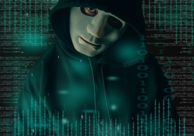 The hooded hacker has a binary code character Hacking and malware concept