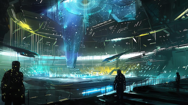 The image is a concept art of a futuristic space hangar The hangar is vast and brightly lit with a spaceship in the center