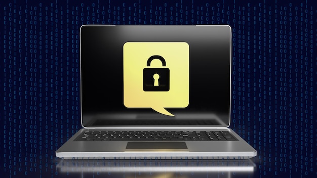 The lock gold icon on notebook for Cybersecurity 3d rendering