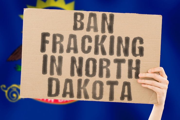 Photo the phrase ban fracking in north dakota on a banner in men's hand nature extract stop pipe energy drill raw power fuel fossil crisis