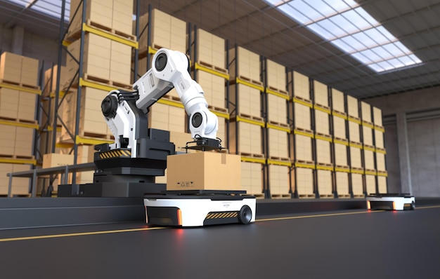 The Robot arm picks up the box to Autonomous Robot