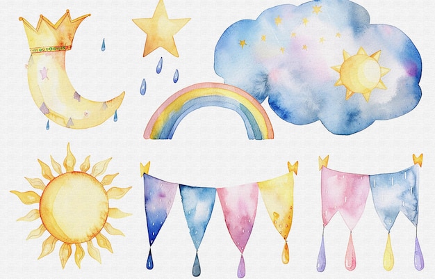the sun is shining through the clouds and the moon is drawn by a rainbow