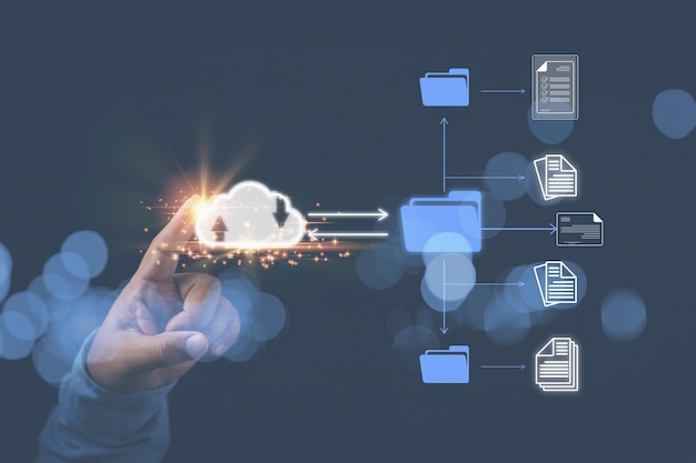 The technology of management files online by cloud computing Businessman touching on icon cloud computing virtual screen for Document Management System digital online protection database of company