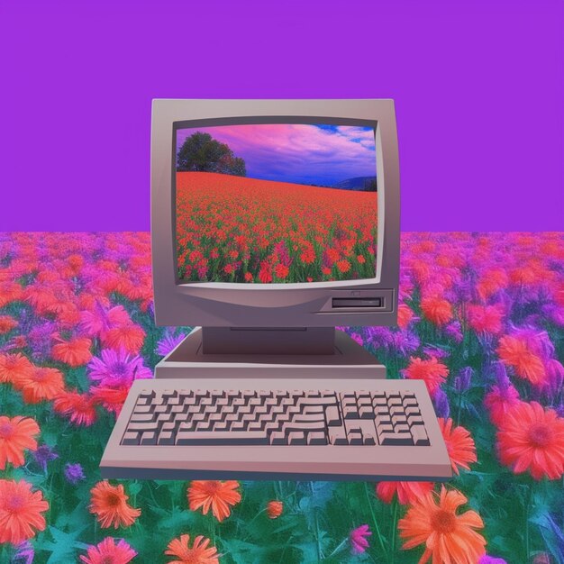 there is a computer sitting on a field of flowers generative ai