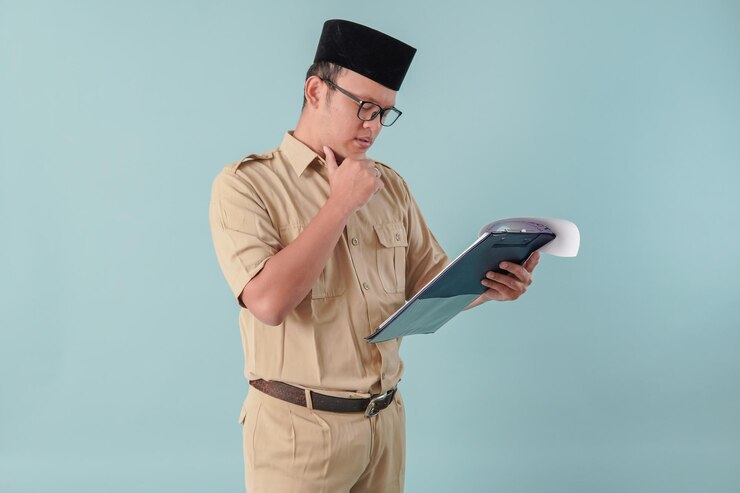 Photo thoughtful government worker man wearing khaki uniform holding document paper feeling confused