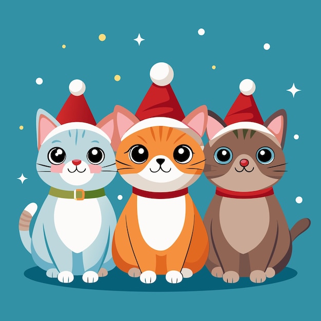 three cats with hats that say  santa