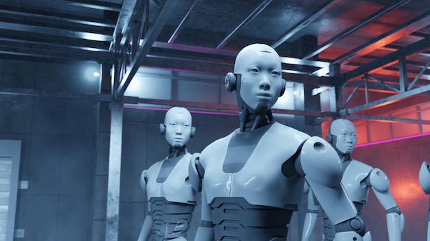 three mannequins in a room with one wearing a shirt that says robot