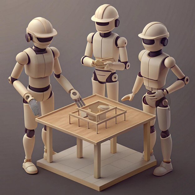 three robots are standing on a table with one being made by one of them