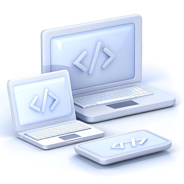 three stylized laptops with code icon representing web development programming and technology
