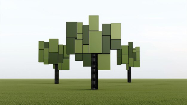 three trees made of blocks are standing in a field the trees are green and are made of different colored blocks the blocks are arranged in a way that they resemble the branches of a tree
