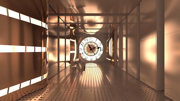 Time Warp Futuristic Corridor with Clock and Perforated Floor