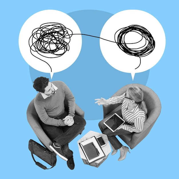 Top view business and employees with speech bubbles confusion and discussion on blue studio background Corporate man and woman with disagreement negotiation and planning for new project schedule