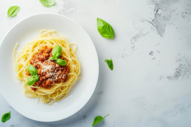 top view of appetizing homemade pasta with bolognese sauce served with fresh basil leaves