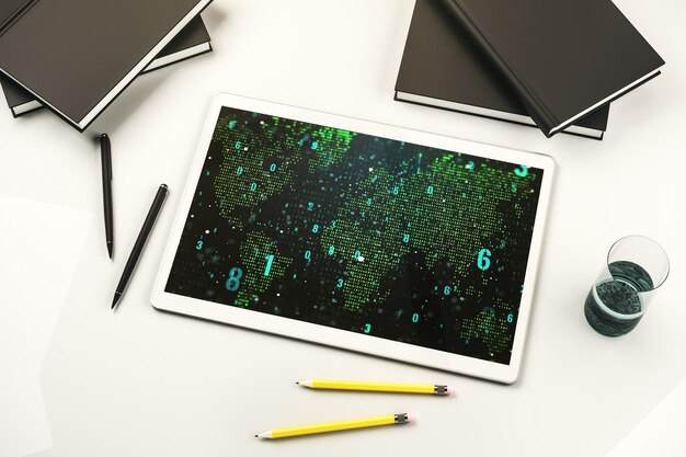 top view of modern digital tablet monitor with abstract programming language hologram and world map artificial intelligence and neural networks concept 3d rendering