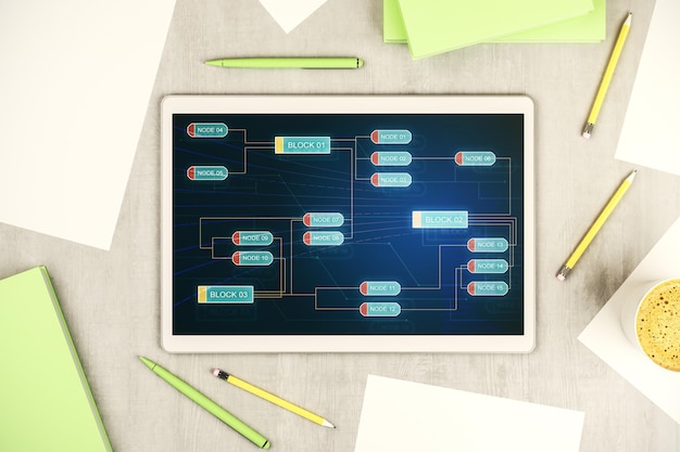 Top view of modern digital tablet screen with abstract creative programming illustration big data and blockchain concept 3D Rendering