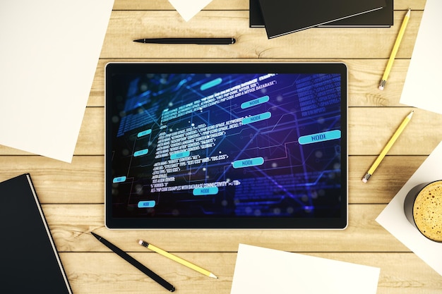 Top view of modern digital tablet screen with abstract creative programming illustration big data and blockchain concept 3D Rendering
