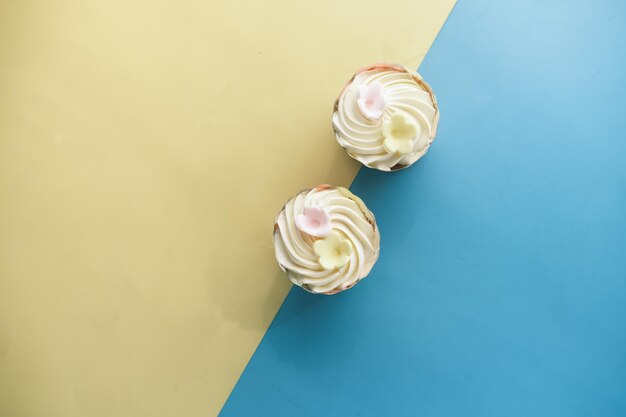 top view of muffins on color table top view