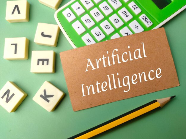 top view toys wordpencil and calculator with text artificial intelligence