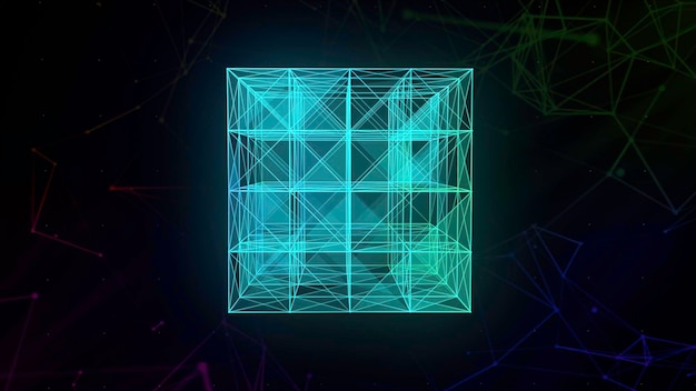 Transparent geometric shape motion a dark background on which a thin white square from the grid is