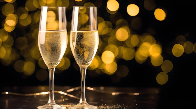 two champagne glasses and christmas decorations on a bokeh festive background happy new year
