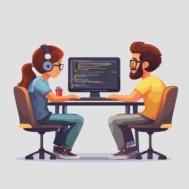 two diverse programmers collaborating at a desk using computer with coding on screen in a creative office environment