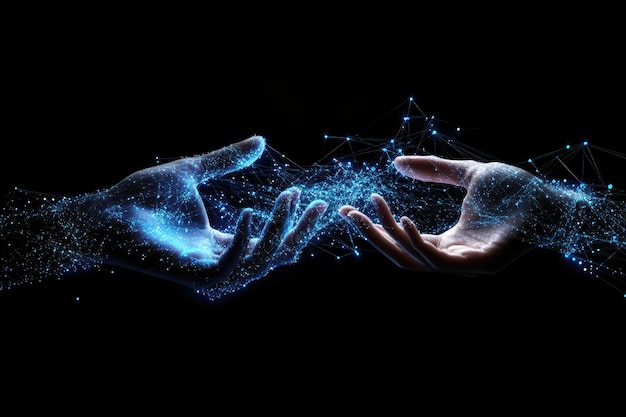 Two hands reaching towards each other surrounded by a digital cosmiclike aura
