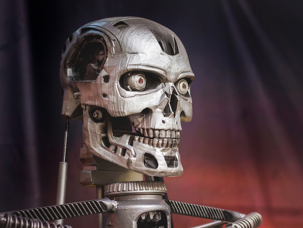 Ukraina, Khmelnitsky. Tháng 8 năm 2019. Robot kim loại dưới dạng bộ xương trên nền tối_