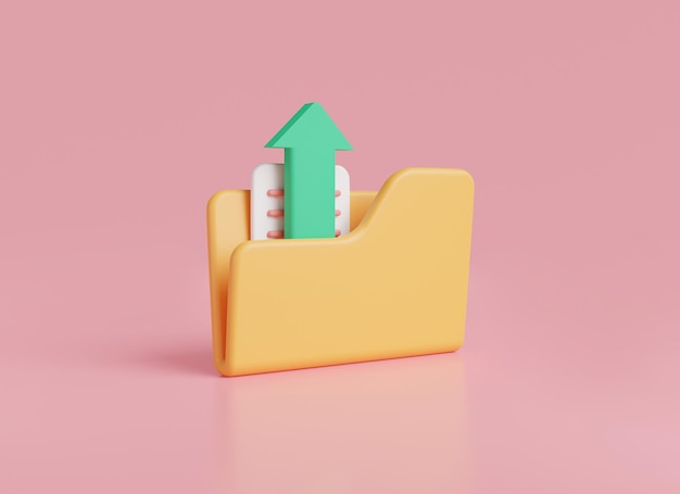 Upload file folder icon isolated on pink background Data storage computer folder upload data paper icon arrow File management concept cartoon minimal style 3D rendering illustration