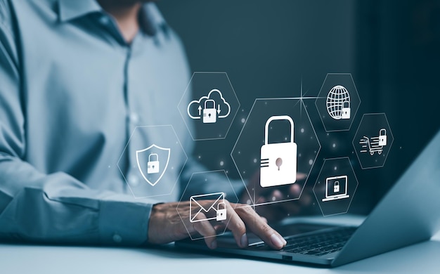 User enter password for personal information access Data login protect and secure internet access padlock technology cyber security encryption privacy Cybersecurity and data protection concept