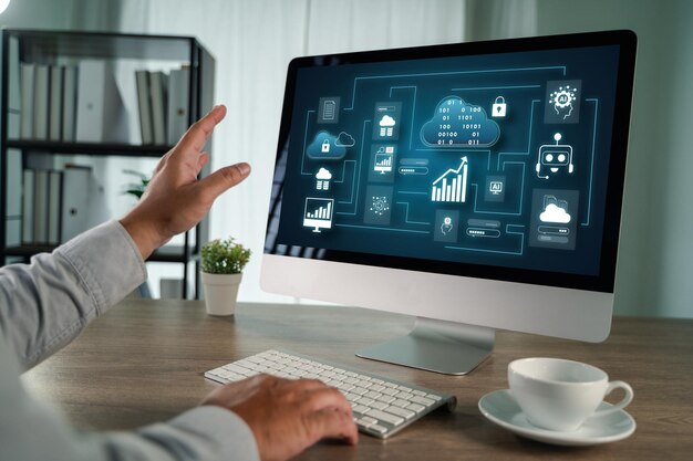 User flowchart cloud computing and AI integration visualized on a modern computer screen showing a person analyzing business processes and data in a digital workspace