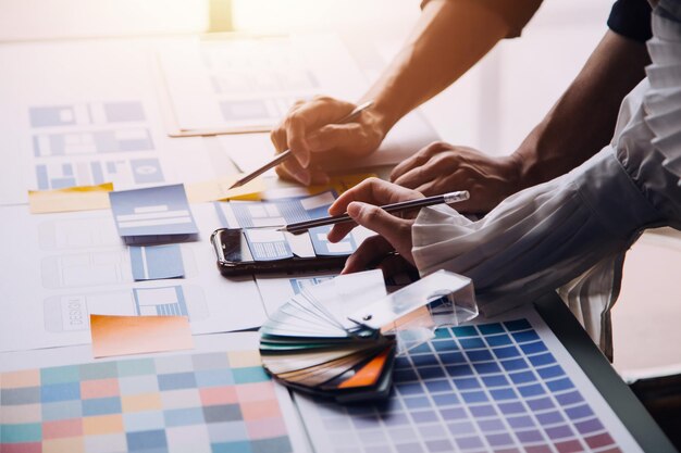 Ux Graphic designer creative sketch planning application process development prototype wireframe for web mobile phone User experience concept