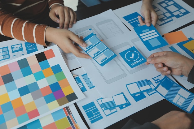 Ux Graphic designer creative sketch planning application process development prototype wireframe for web mobile phone User experience concept