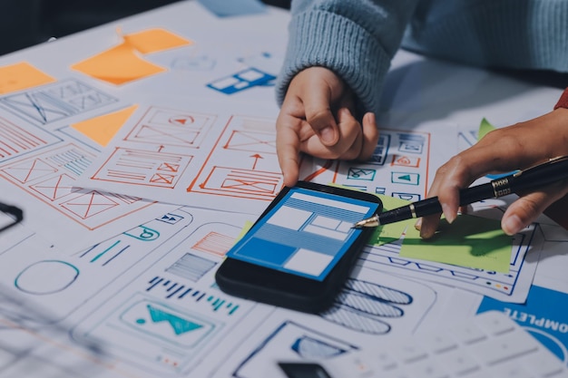 UX UI designer testing prototype on a phone discussing and brainstorming on wireframes for a website and mobile app prototype in the concept of website and mobile application design concept