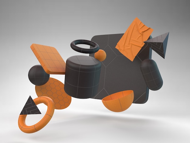 Variety of geometric shapes with Grey background 3d abstract matte gloss black premium photo