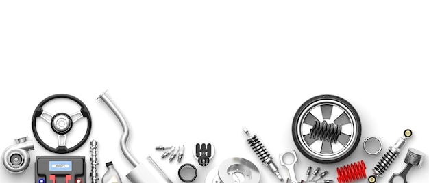Various car parts and accessories on white background 3d illustration