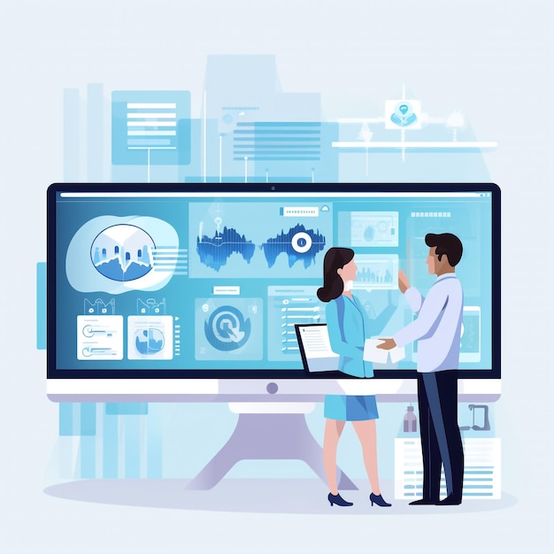 Vector of a Man And Woman Are Looking At A Monitor Screen with a Doctor