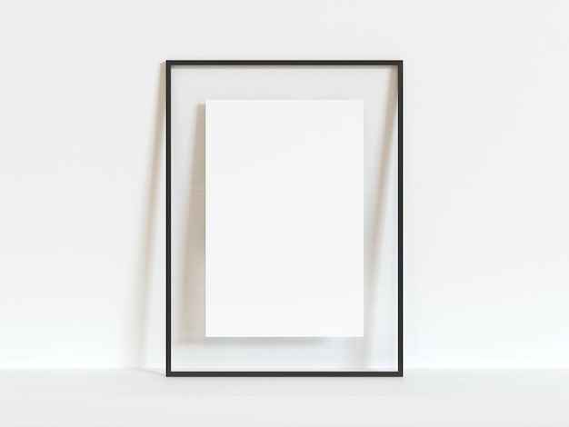 Vertical black thin empty frame mock up on white wall 3d illust