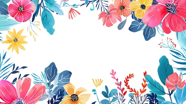 Vibrant and Lush Floral Border with Blooming Flowers Leaves and Natural Foliage in Warm Tropical Col