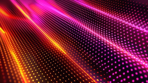 Vibrant neon abstract digital grid background with colorful lines and illuminated dots creating a dynamic visual effect