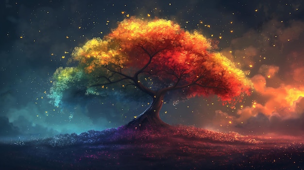 vibrant pixel art illustration of lgbtq pride tree of life with resilience symbols