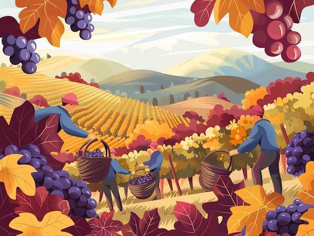 Vineyard Harvest Workers Picking Grapes in Autumn Landscape