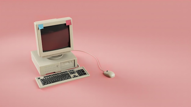 vintage desktop pc with keyboard and mouse against solid background 3d render