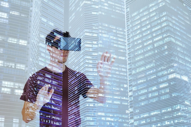virtual reality man wearing vr glasses double exposure digital world