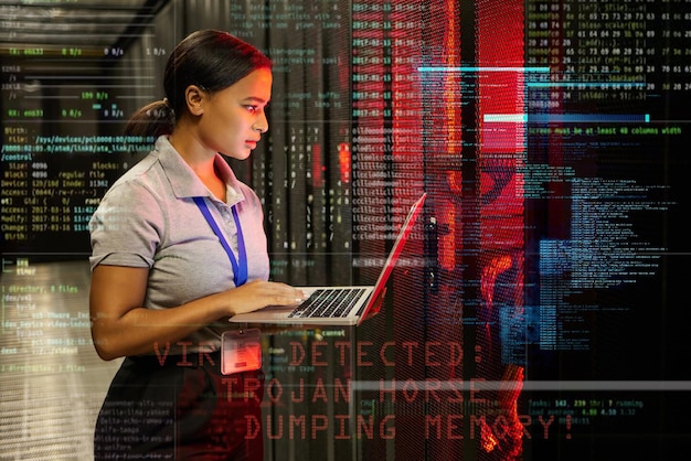 Virus code laptop or server room in 3d IT engineering software programming or futuristic cybersecurity hacker Technology data center or abstract security coding of thinking woman in safety crisis