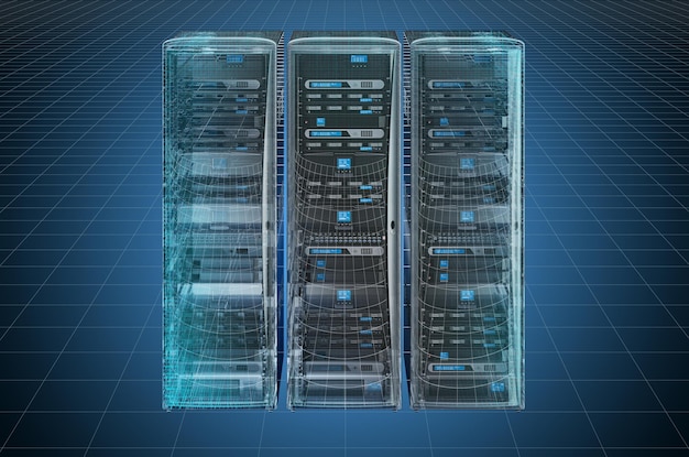 visualization 3d cad model of computer server racks blueprint 3d rendering