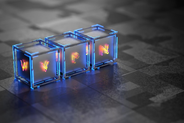 VPN inscription on futuristic blocks 3d render